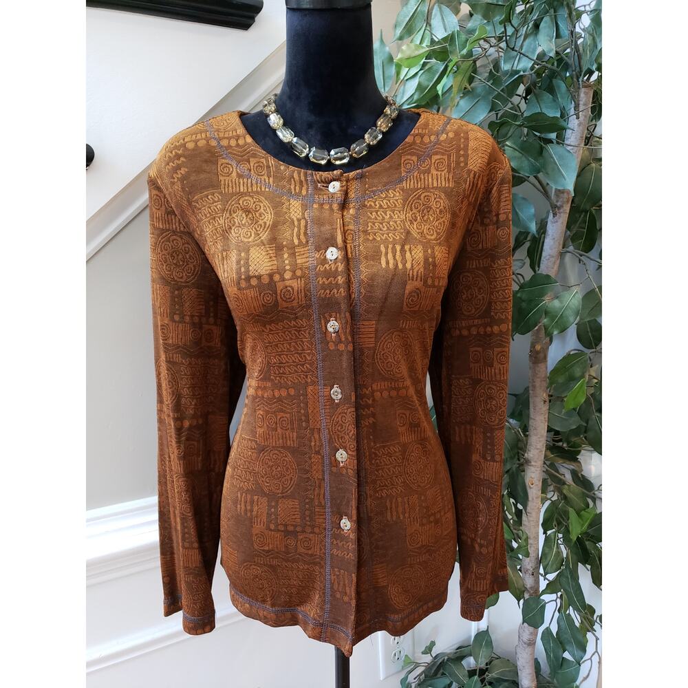 Coldwater Creek Jacket Womens 12 Brown Jacquard Stretch Long Sleeve Button Front